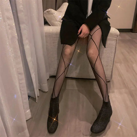 Goth Lolita Cosplay Tights for Girls - Retro Gothic Hollow Out Fishnet Pantyhose in Black & White