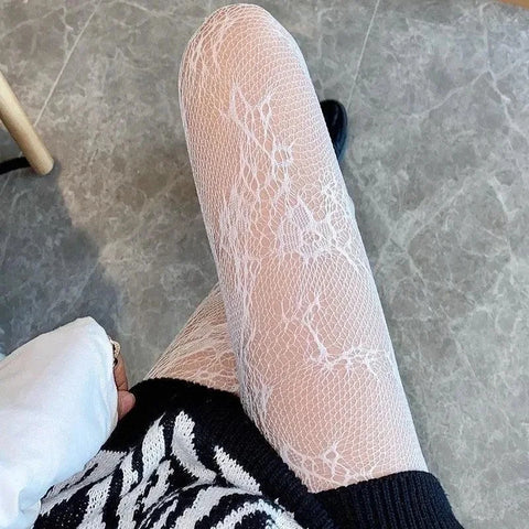 Goth Lolita Cosplay Tights for Girls - Retro Gothic Hollow Out Fishnet Pantyhose in Black & White