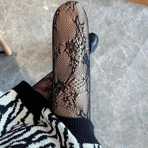 Goth Lolita Cosplay Tights for Girls - Retro Gothic Hollow Out Fishnet Pantyhose in Black & White