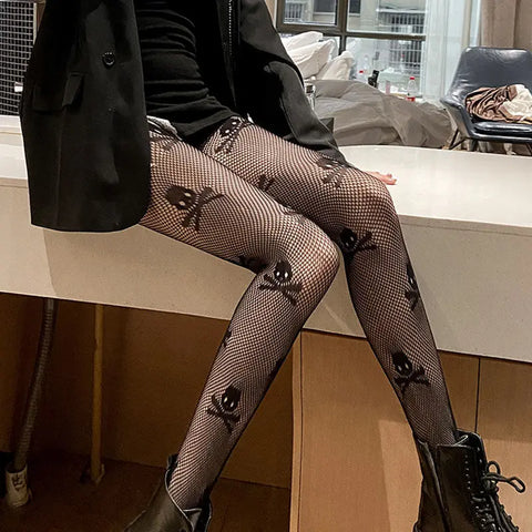 Goth Lolita Cosplay Tights for Girls - Retro Gothic Hollow Out Fishnet Pantyhose in Black & White