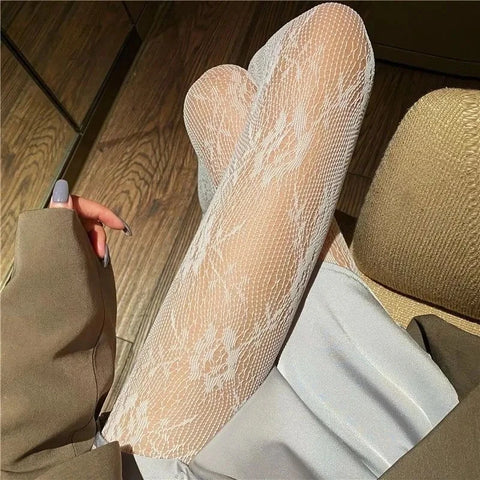 Goth Lolita Cosplay Tights for Girls - Retro Gothic Hollow Out Fishnet Pantyhose in Black & White