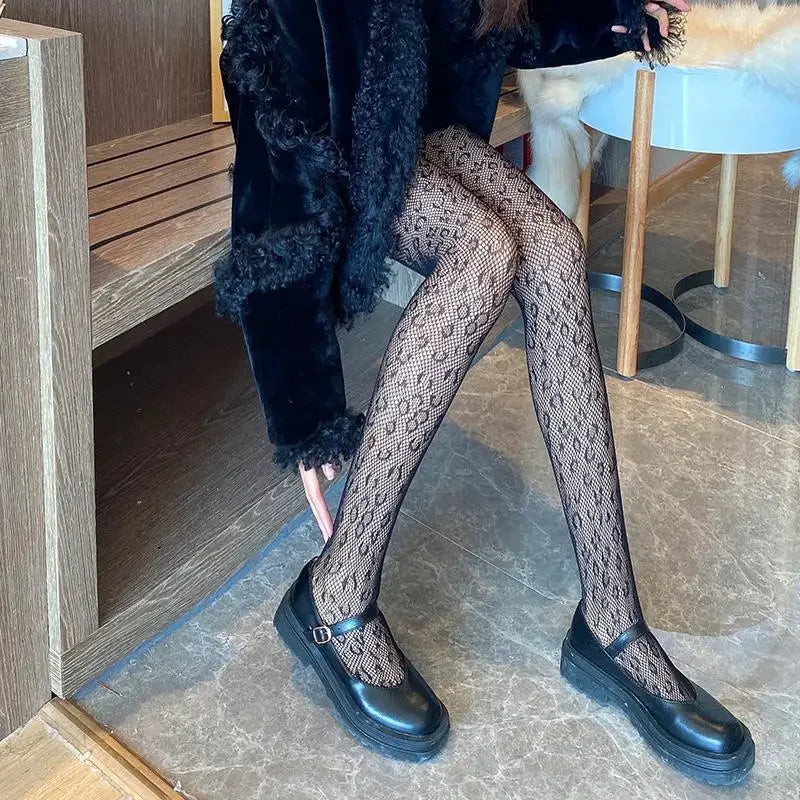 Goth Lolita Cosplay Tights for Girls - Retro Gothic Hollow Out Fishnet Pantyhose in Black & White