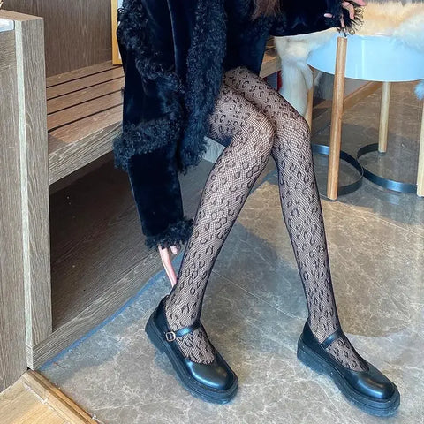 Goth Lolita Cosplay Tights for Girls - Retro Gothic Hollow Out Fishnet Pantyhose in Black & White