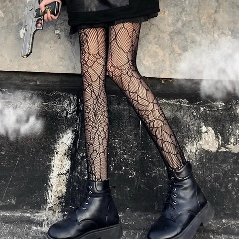 Women’s Hollowed Out Mesh Leggings - Japanese Lace Pantyhose with Floral Design