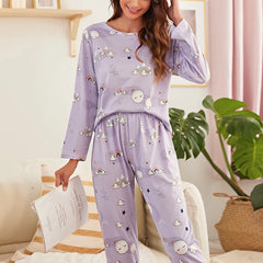 Women’s Cartoon Print Pajama Set with Eye Mask