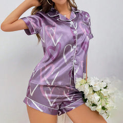 Women's Heart Print Satin Pajama Set