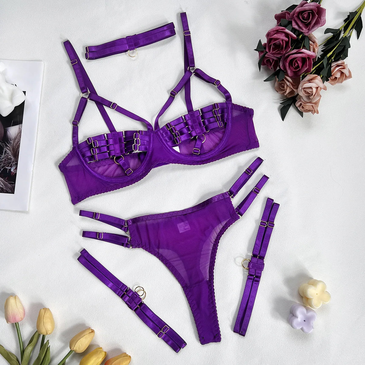5-Piece Sexy Costume Hollow Underwear - Uncensored Sensual Open Bra Outfits