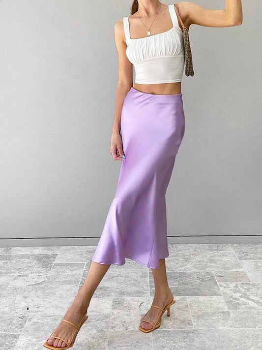 Solid Purple Satin Silk Skirt for Women - High Waisted Elegant Midi Skirt for Office and Spring 2024