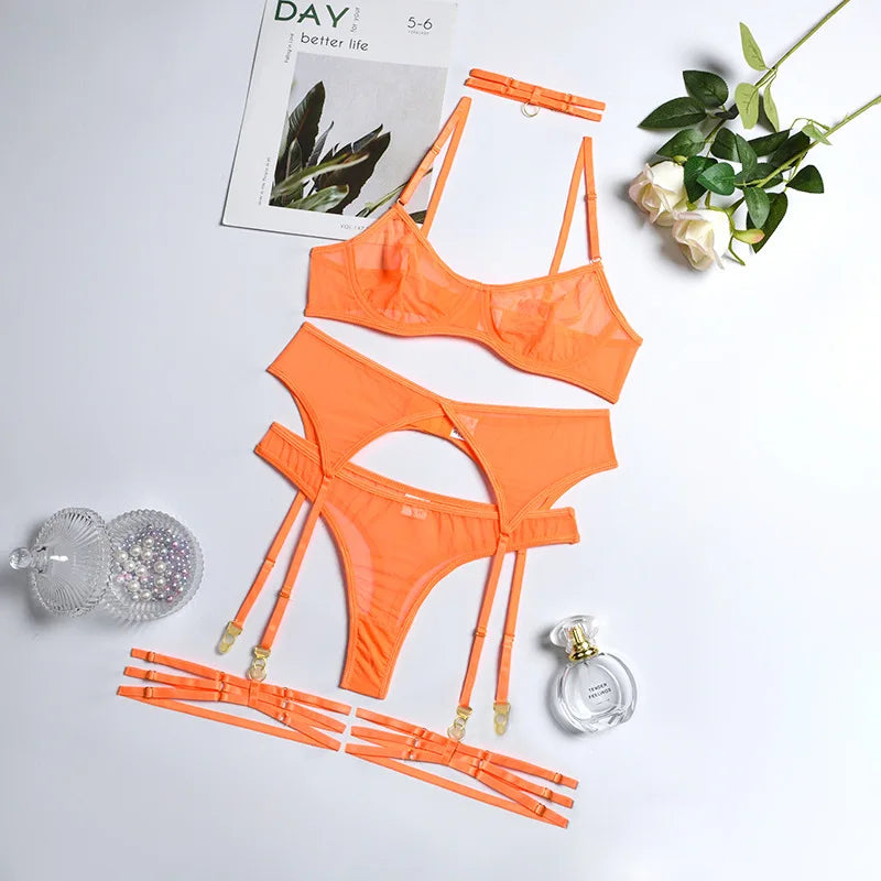 4-Piece Lace Bra Set Women Mesh Panty Underwear Set - 8 Colors Transparent Sexy Lingerie Set