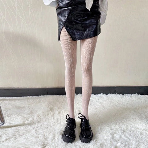 Goth Lolita Cosplay Tights for Girls - Retro Gothic Hollow Out Fishnet Pantyhose in Black & White