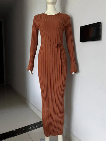 Tossy Lace-Up Dames Gebreide Maxi-jurk - Herfst Hoge Taille Mode