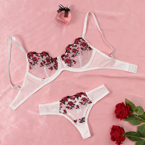 Elegant New Wine See-Through Lingerie Two-Piece Set with Thong and Push-Up Bra