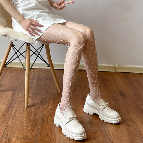 Women’s Elegant White High Waist Fishnet Stockings - Perfect for Summer Styling