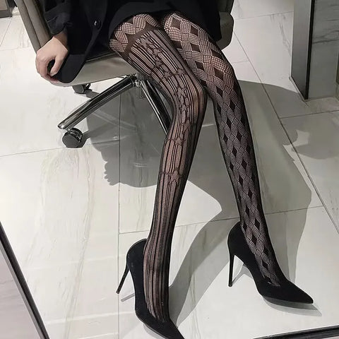 Goth Lolita Cosplay Tights for Girls - Retro Gothic Hollow Out Fishnet Pantyhose in Black & White