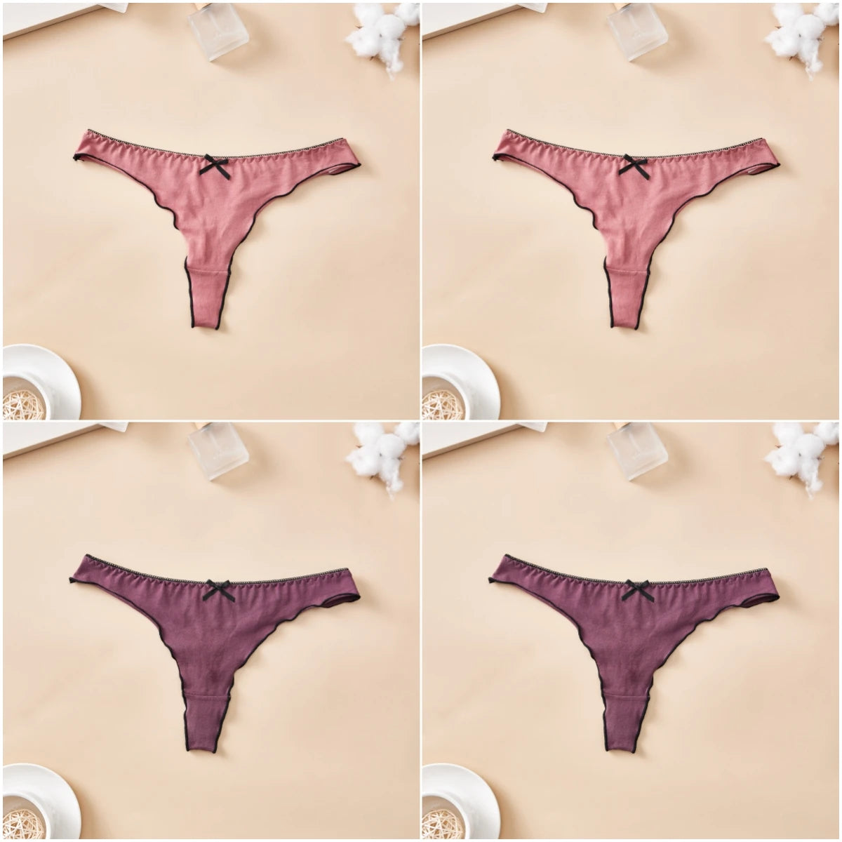 4-Piece Women's Cotton Solid Color Thong Set - Sexy & Comfortable Low-Waist Underwear
