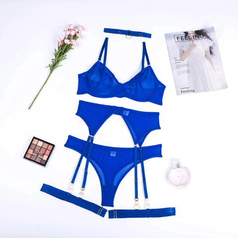 4-Piece Lace Bra Set Women Mesh Panty Underwear Set - 8 Colors Transparent Sexy Lingerie Set