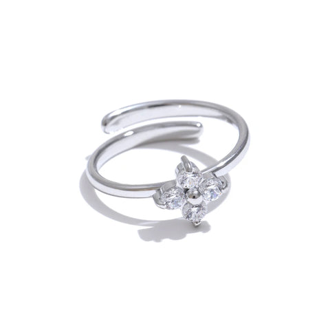 Yhpup Exquisite Stainless Steel Bling Cubic Zirconia Flower Adjustable Ring for Women