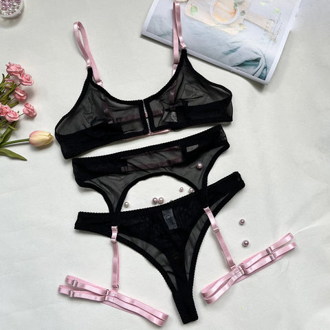 3-Piece Mesh Bra Set with Transparent Color Straps - 5 Colors Sexy Lingerie Set for Women