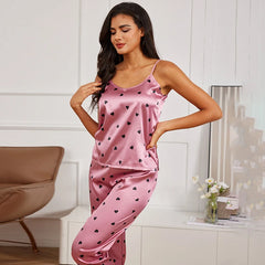 Women Satin Silk Pajamas Sets with Letter Print