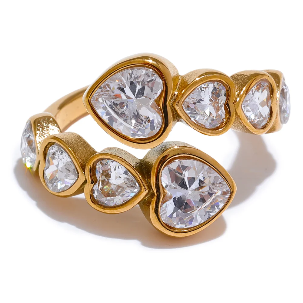 Yhpup Delicate Cubic Zirconia Heart Stainless Steel Gold Color Adjustable Ring