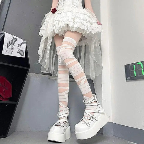 Y2K Punk Women’s Torn Strap Gothic Thigh Knee Socks