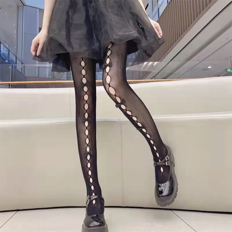Lolita Cosplay Girls Bowknot Hollow Out Pantyhose - Elegant Lace Tights for Anime Lovers