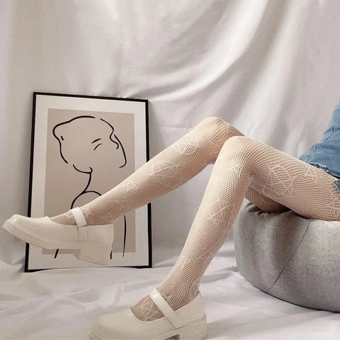 Goth Lolita Cosplay Tights for Girls - Retro Gothic Hollow Out Fishnet Pantyhose in Black & White
