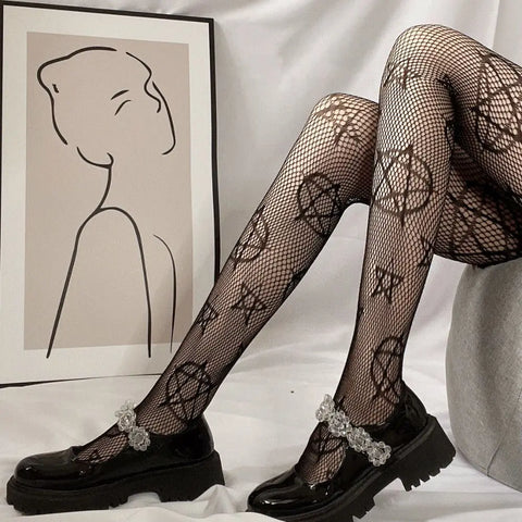 Goth Lolita Cosplay Tights for Girls - Retro Gothic Hollow Out Fishnet Pantyhose in Black & White