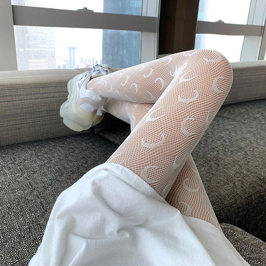Women’s Hollowed Out Mesh Leggings - Japanese Lace Pantyhose with Floral Design