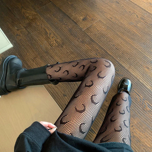 Women’s Hollowed Out Mesh Leggings - Japanese Lace Pantyhose with Floral Design