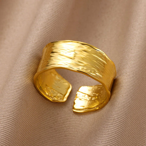Minimalist Texture Stainless Steel Geometric Rings for Women - Gold Color Opening Couple Ring for Aesthetic Weddings and Christmas Jewelry