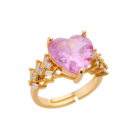Pink Zircon Heart Rings for Women - Adjustable Gold Plated Stainless Steel Ring - 2025 Trend Wedding Aesthetic Jewelry Gift