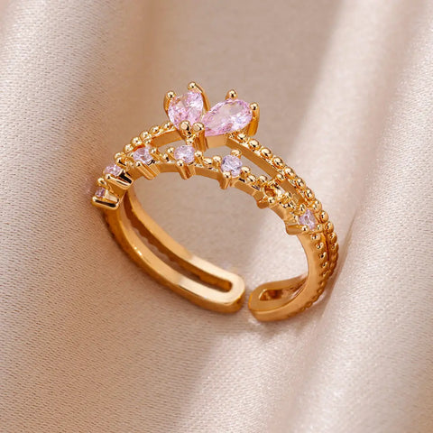 Zircon Flame Drop Ring for Women - Adjustable Stainless Steel Water Drop Jewelry for Weddings and Parties