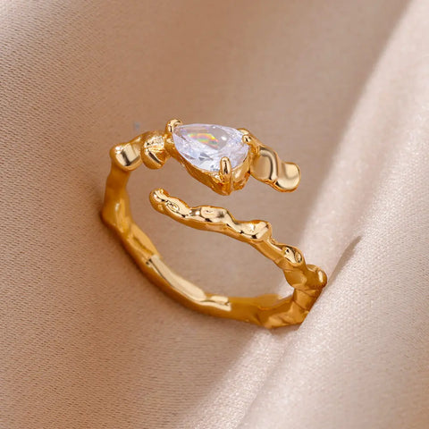 Zircon Flame Drop Ring for Women - Adjustable Stainless Steel Water Drop Jewelry for Weddings and Parties