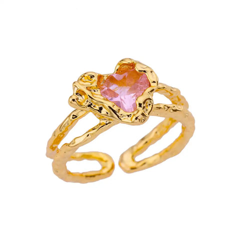 Pink Zircon Heart Rings for Women - Adjustable Gold Plated Stainless Steel Ring - 2025 Trend Wedding Aesthetic Jewelry Gift