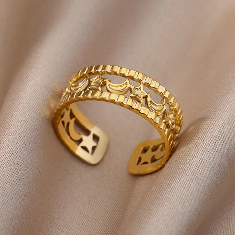 Irregular Hollow Opening Rings for Women - Gold Stainless Steel Geometric Fashion Jewelry