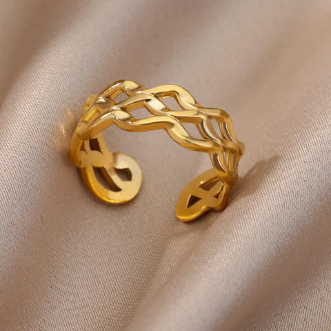 Irregular Hollow Opening Rings for Women - Gold Stainless Steel Geometric Fashion Jewelry