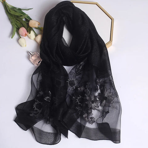 2024 Luxury Silk Shawl Scarf - Embroidered Floral Elegance