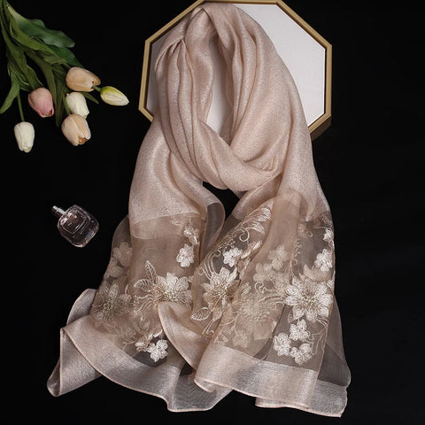 2024 Luxury Silk Shawl Scarf - Embroidered Floral Elegance