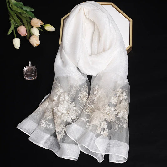 2024 Luxury Silk Shawl Scarf - Embroidered Floral Elegance