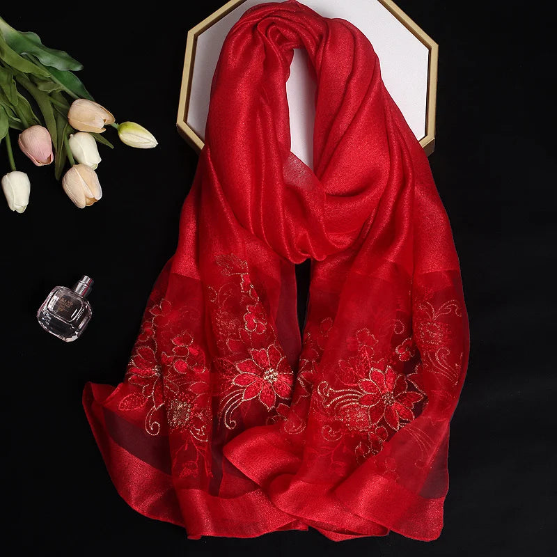 2024 Luxury Silk Shawl Scarf - Embroidered Floral Elegance