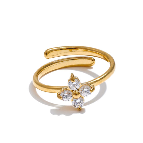 Yhpup Exquisite Stainless Steel Bling Cubic Zirconia Flower Adjustable Ring for Women