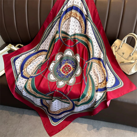 Print Satin Silk Square Scarf Hijab Women Bandana 90CM Headscarves Neckerchief Ladies Muffler Shawl Wrap Foulard Headband
