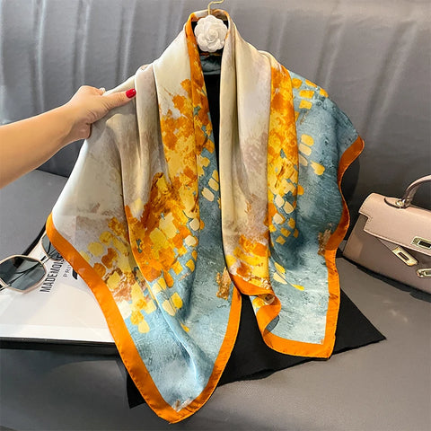 Print Satin Silk Square Scarf Hijab Women Bandana 90CM Headscarves Neckerchief Ladies Muffler Shawl Wrap Foulard Headband