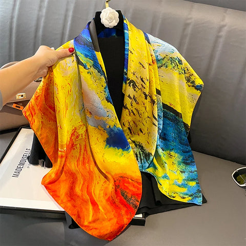 Print Satin Silk Square Scarf Hijab Women Bandana 90CM Headscarves Neckerchief Ladies Muffler Shawl Wrap Foulard Headband