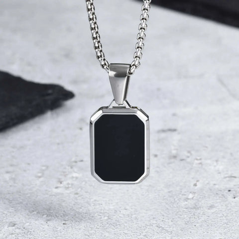 Stylish Men's Black Enamel Necklaces - Stainless Steel Geometric Square Pendant Jewelry