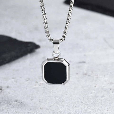 Stylish Men's Black Enamel Necklaces - Stainless Steel Geometric Square Pendant Jewelry
