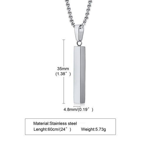 Waterproof Stainless Steel Rectangle Bar Pendant Necklace for Men and Women