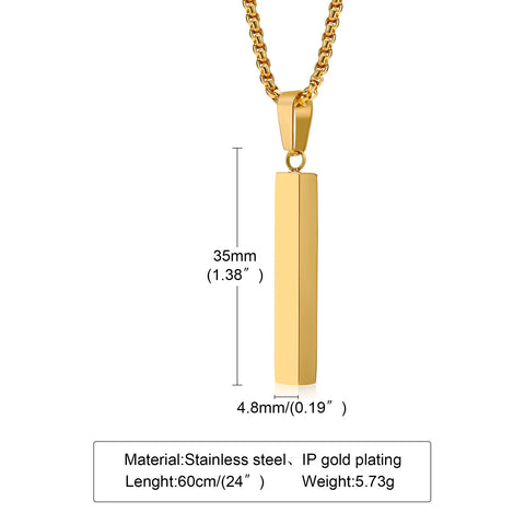 Waterproof Stainless Steel Rectangle Bar Pendant Necklace for Men and Women