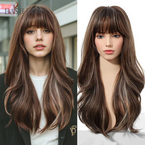 EASIHAIR Long Wavy Brown Synthetic Wig for Women with Side Bangs - Natural Look, Heat Resistant for Daily Wear